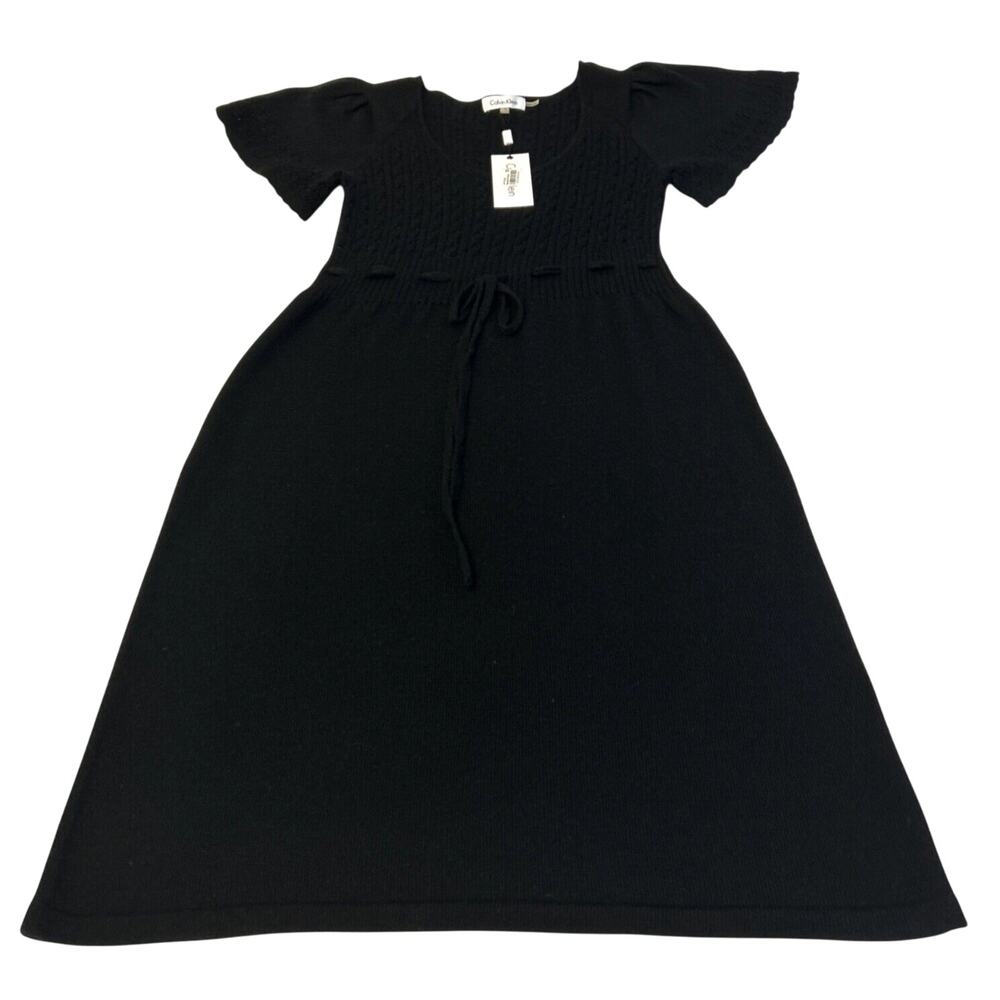 Calvin Klein Sweater Dress Wool Blend Women's Sz S Black Short Sleeve Tie Waist